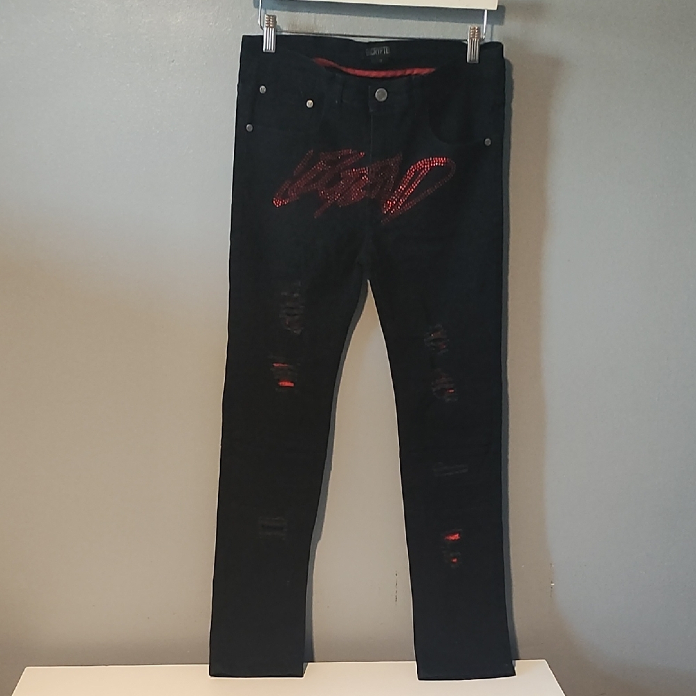 Encrypted Black and Red Women's With Legend On Front Crotch Area Jeans